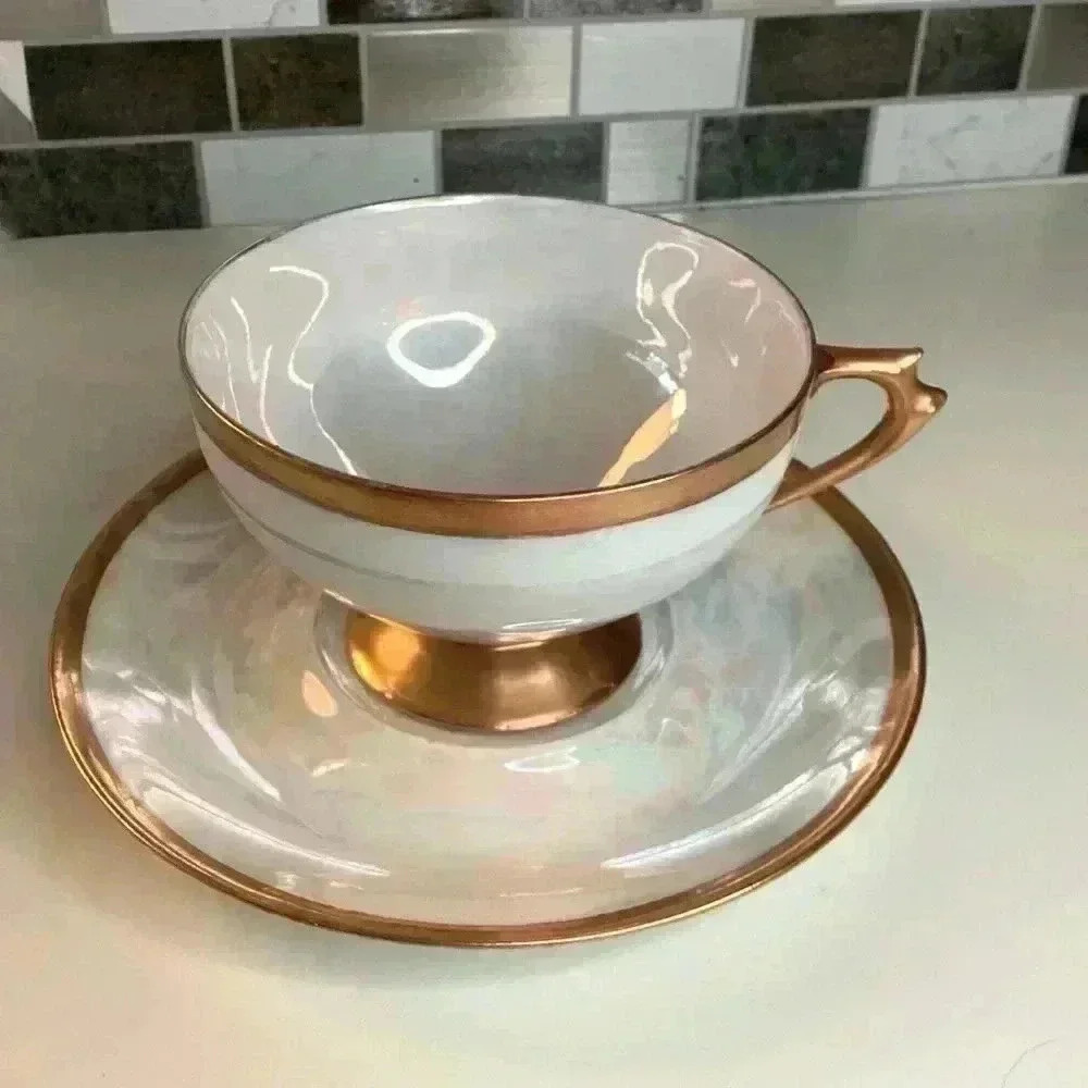 Antique Hutschenreuther Tea Cup, Saucer Bavaria Selb. Iridescent Porcelain